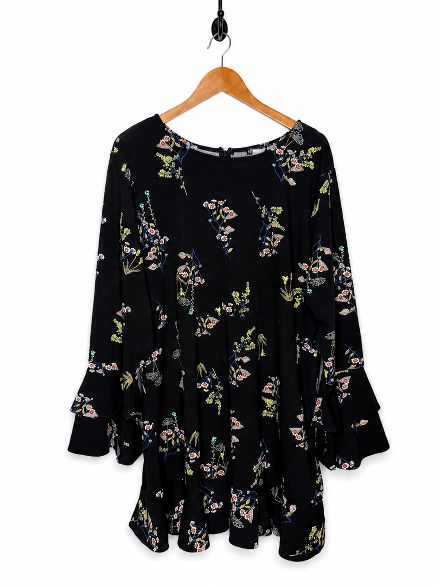 Venus Womens 18 Black Floral Dress Bell Sleeve Tiered Ruffle Hem Boho Stretch